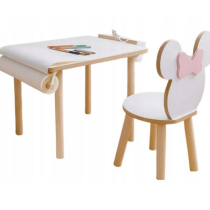 Dětský stůl a židlička + rolička papíru na kreslení + nádobí na pastelky