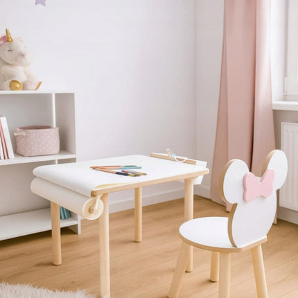 Dětský stůl a židlička + rolička papíru na kreslení + nádobí na pastelky