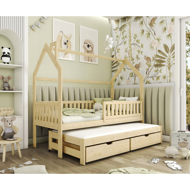 Domečkova dřevěná postel s roštem, přistýlkou a 2 úložnými šuplíky 80X160 cm
