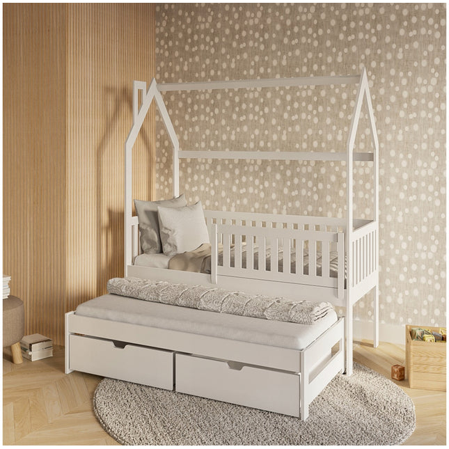 Domečkova dřevěná postel s roštem, přistýlkou a 2 úložnými šuplíky 80X160 cm (Bilá)