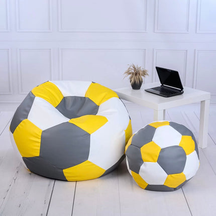 Sedací vak Fotbalový MÍČ XXXXL 100cm + podnožník bílo-žluto- šeda