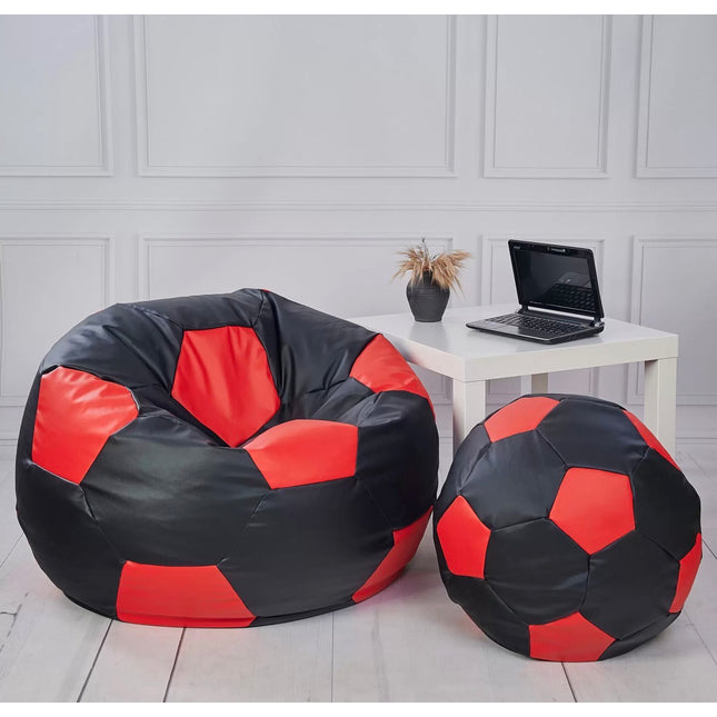 Sedací vak Fotbalový MÍČ XXXXL 100cm + podnožník černo- červený