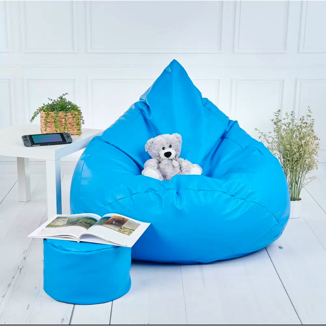 Sedací vak + podnožník modrý z eko kůže velký