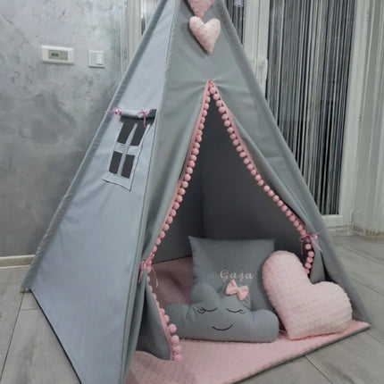 Teepee / tipi stan pro děti Šedo-růžový s příslušenstvím