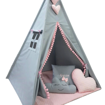 Teepee / tipi stan pro děti Šedo-růžový s příslušenstvím