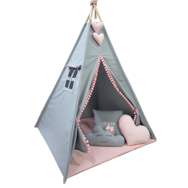 Teepee / tipi stan pro děti Šedo-růžový s příslušenstvím