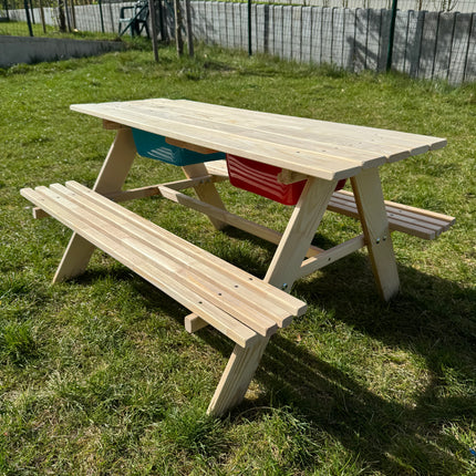 Dětský multifunkční piknikový stůl 3v1 s pískovištěm a nádrží na vodu – zahradní herní set + 2 kg atestovaného písku gratis