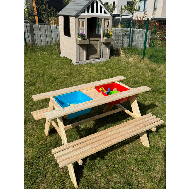 Dětský multifunkční piknikový stůl 3v1 s pískovištěm a nádrží na vodu – zahradní herní set + 2 kg atestovaného písku gratis