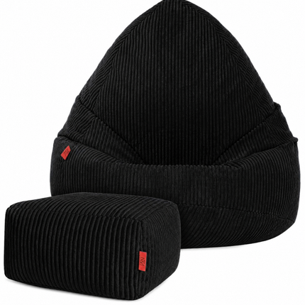 Manšestrový BOHO sedací vak černý + podnožka L