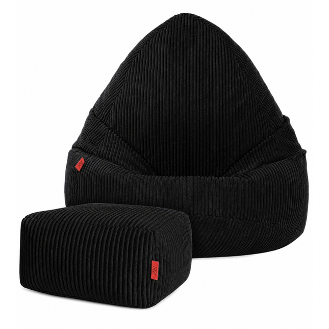 Manšestrový BOHO sedací vak černý + podnožka S