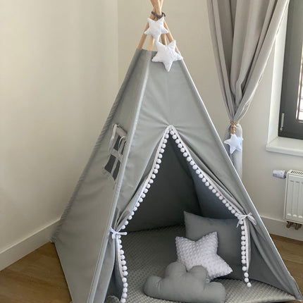 Teepee / tipi stan pro děti Šedo-bilý s příslušenstvím (hvězdička)