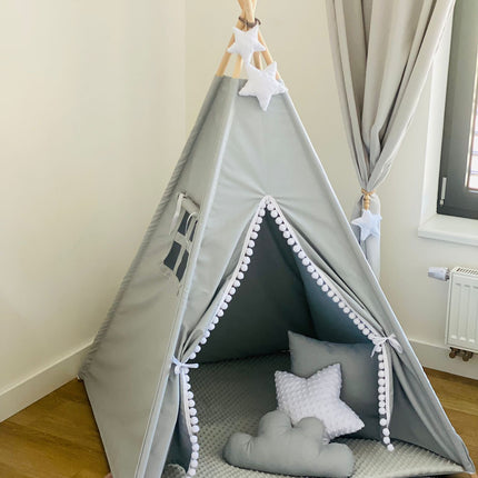 Teepee / tipi stan pro děti Šedo-bilý s příslušenstvím (hvězdička)