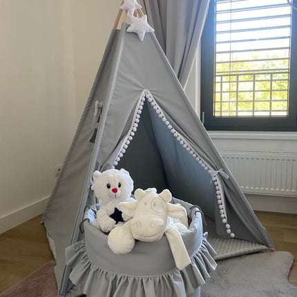 Teepee / tipi stan pro děti Šedo-bilý s příslušenstvím (hvězdička)