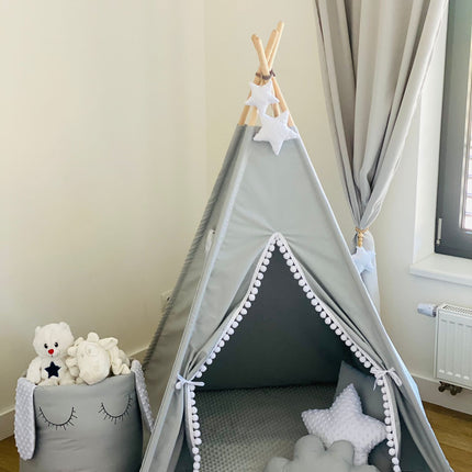 Teepee / tipi stan pro děti Šedo-bilý s příslušenstvím (hvězdička)