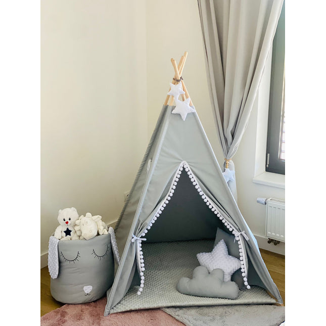 Teepee / tipi stan pro děti Šedo-bilý s příslušenstvím (hvězdička)