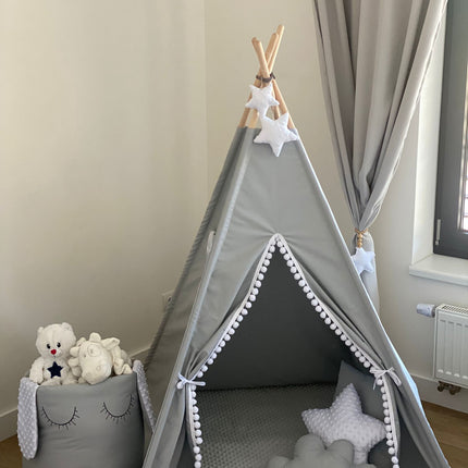 Teepee / tipi stan pro děti Šedo-bilý s příslušenstvím (hvězdička)