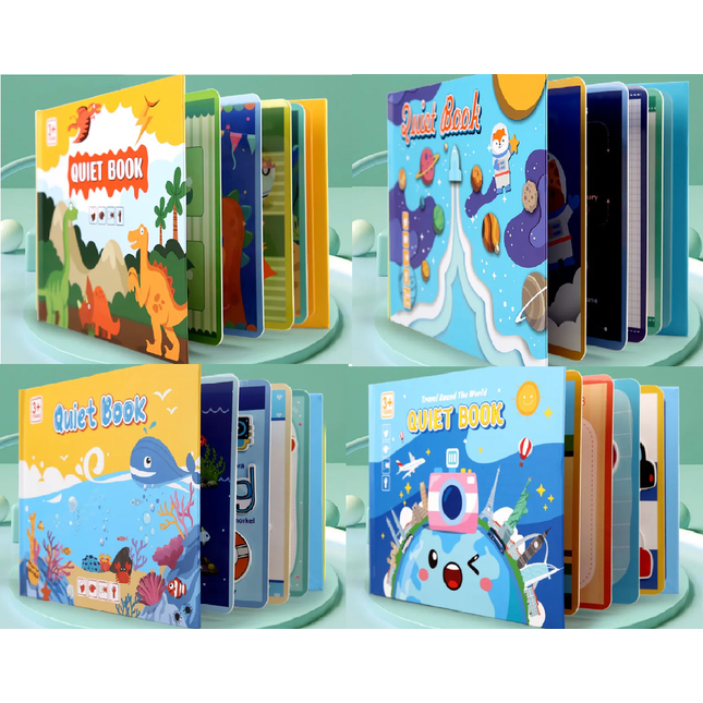 Montessori Quiet book -sticker book -Tichá knížka - sada 4 tichých knížek (dinosauři, cestování, podmořský svět, vesmír)