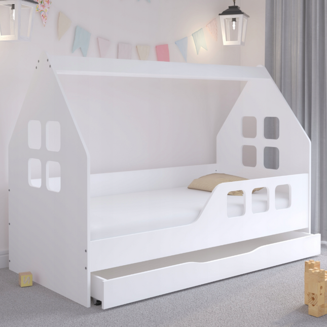 Dětská postel ve tvaru domečku se šuplíkem, roštem a matrací 160 x 80, Bílá