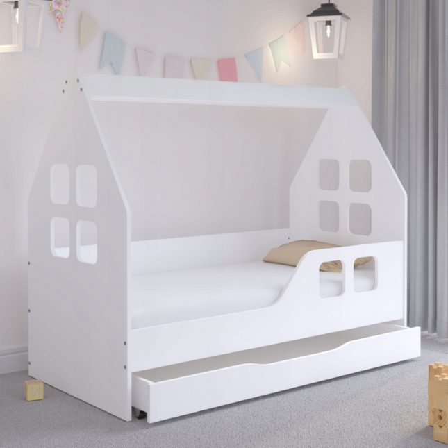 Dětská postel ve tvaru domečku se šuplíkem, roštem a matrací 140 x 70, Bílá