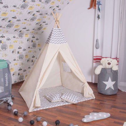 Teepee/ tipi stan pro děti Šedý Zigzag s podložkou a 2 polštářami