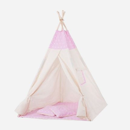 Teepee/ tipi stan pro děti Růžový s hvězdami s podložkou a 2 polštářami