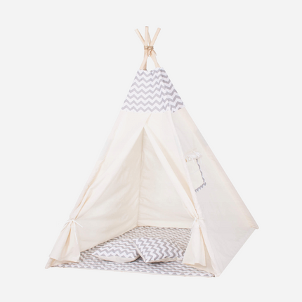 Teepee/ tipi stan pro děti Šedý Zigzag s podložkou a 2 polštářami