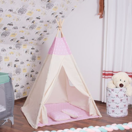 Teepee/ tipi stan pro děti Růžový s hvězdami s podložkou a 2 polštářami